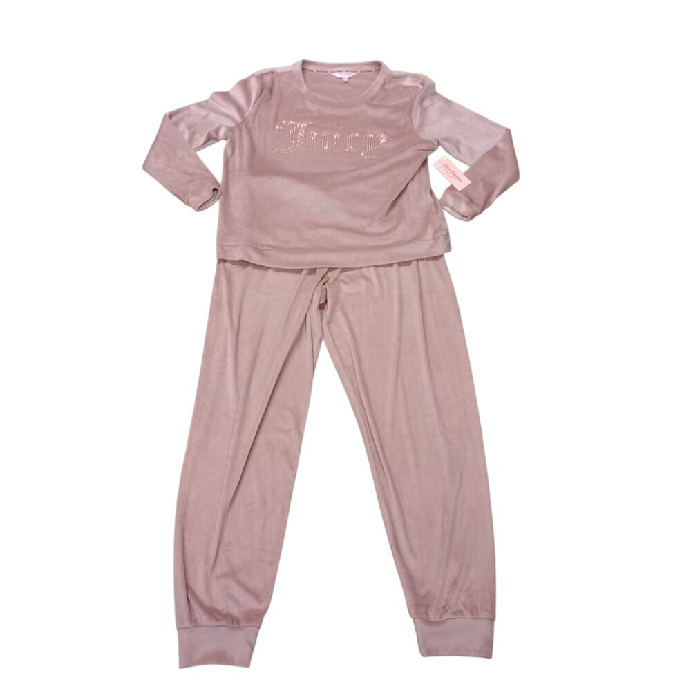 Juicy Couture Jogger Set 2 PC Women's Pink Velour Rhinestone Sleepwear Size L